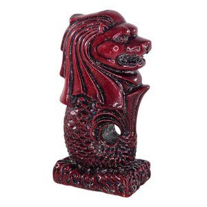 Merlion Statue Figurine Red & Black Resin Lion Fish Hybrid 3.4" Tall